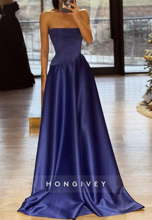 Simple Royal Blue A-Line Bateau Satin Sleeveless Prom Dress Formal Gown