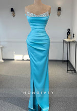 V-Neck Rhinestone Draped Mermaid Long Prom Dresses with High Slit