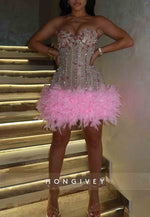 Strapless Sweetheart Beading Feather Sleeveless Short Homecoming Dresses