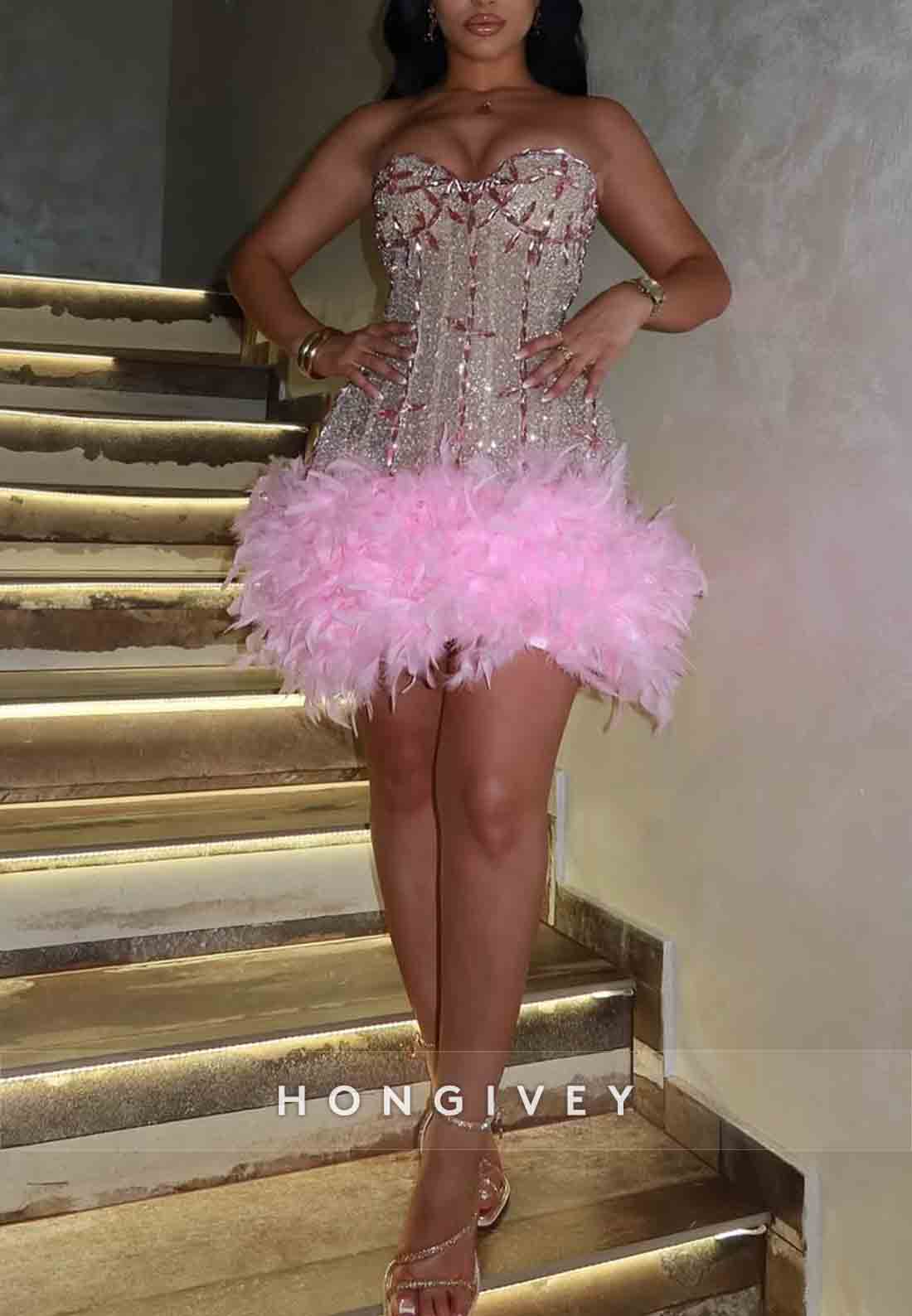 Strapless Sweetheart Beading Feather Sleeveless Short Homecoming Dresses