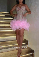 Strapless Sweetheart Beading Feather Sleeveless Short Homecoming Dresses