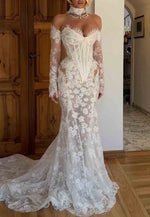 Sheer Court Train Off the Shoulder Lace Corset Mermaid Wedding Dresses