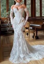Sheer Court Train Off the Shoulder Lace Corset Mermaid Wedding Dresses