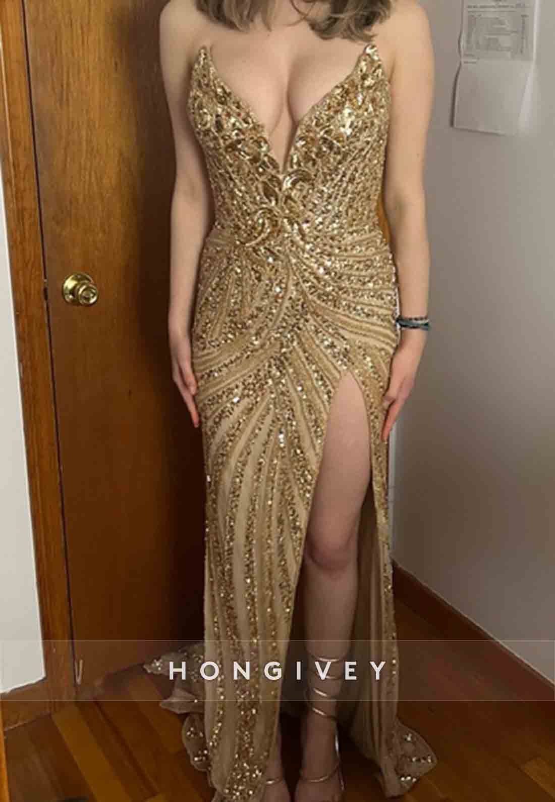 Golden V-Neck Beaded Column Floor-Length V Back Side Slit Prom Dresses