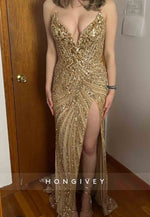 Golden V-Neck Beaded Column Floor-Length V Back Side Slit Prom Dresses