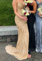 Golden V-Neck Beaded Column Floor-Length V Back Side Slit Prom Dresses
