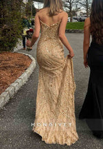 Golden V-Neck Beaded Column Floor-Length V Back Side Slit Prom Dresses