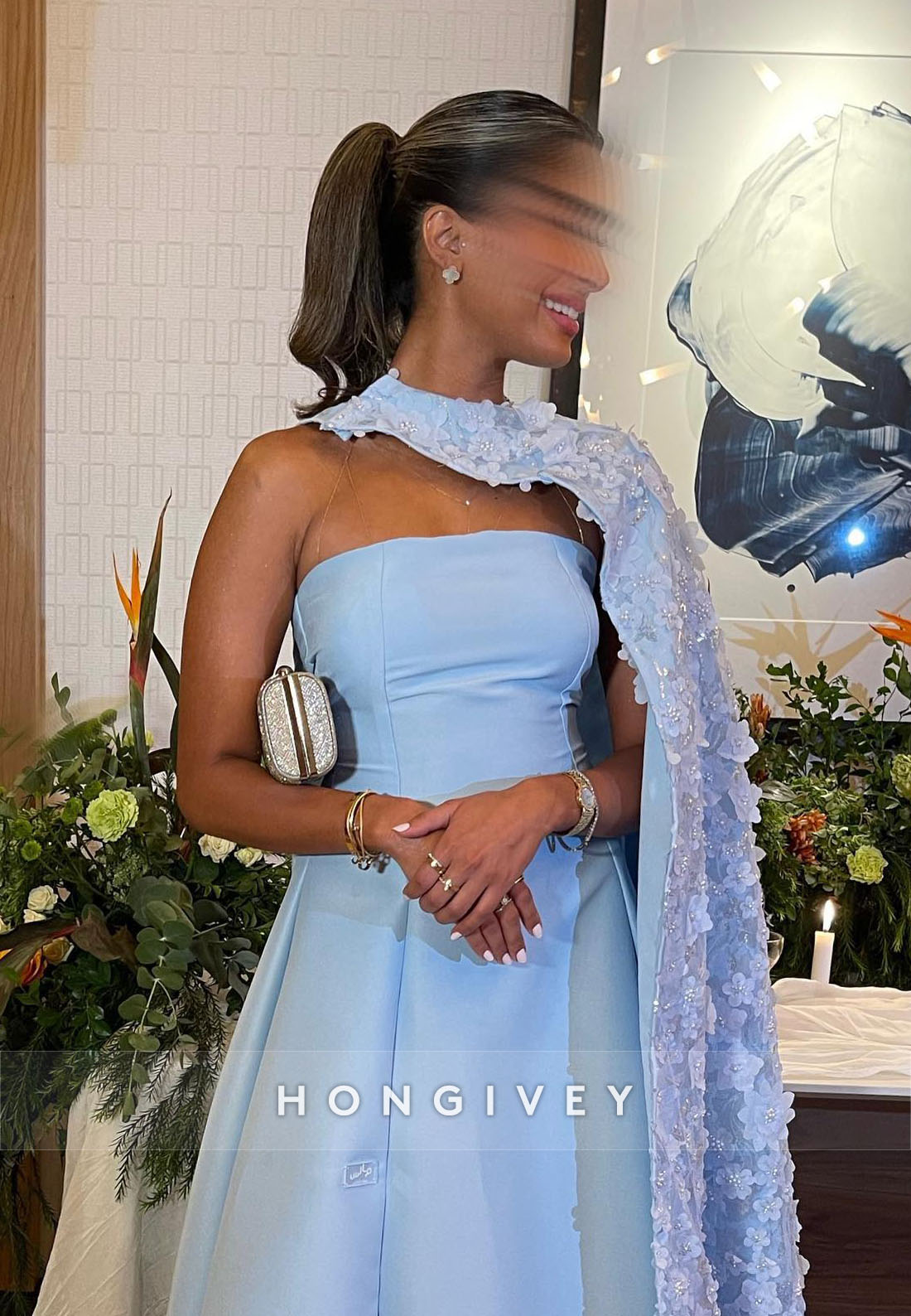 A-line Floor-Length Off the Shoulder Handmade Flowers Cape Evening Gown