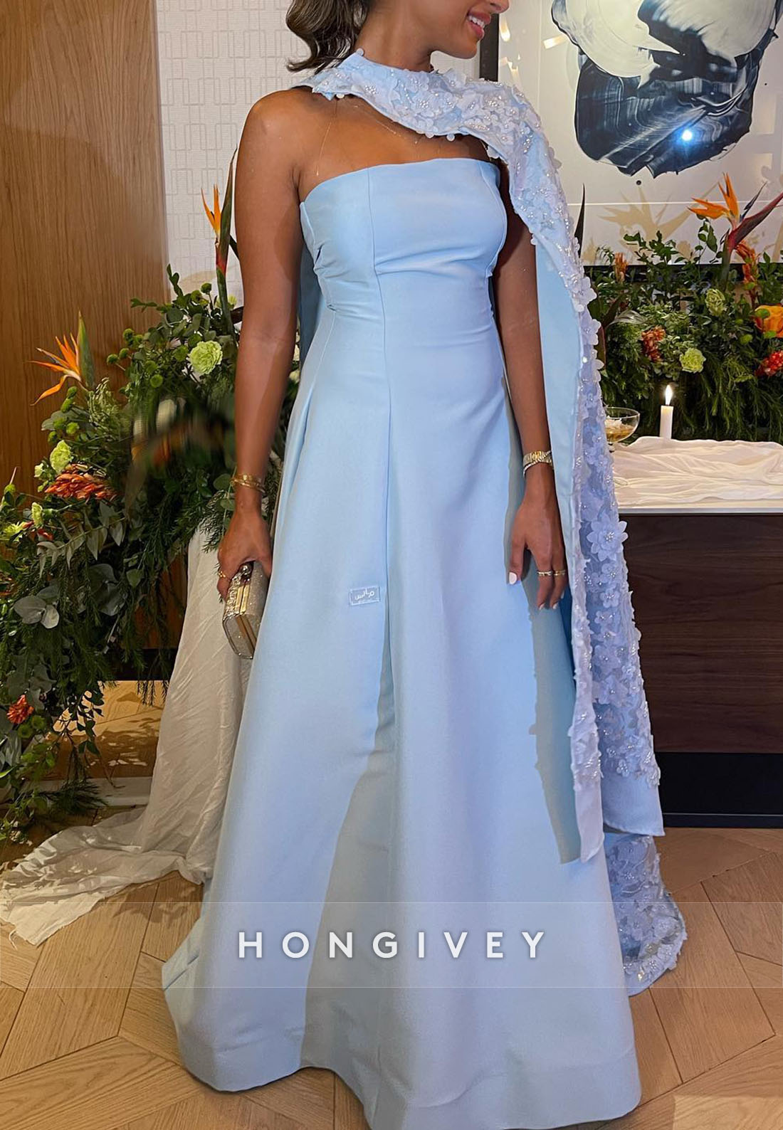 A-line Floor-Length Off the Shoulder Handmade Flowers Cape Evening Gown