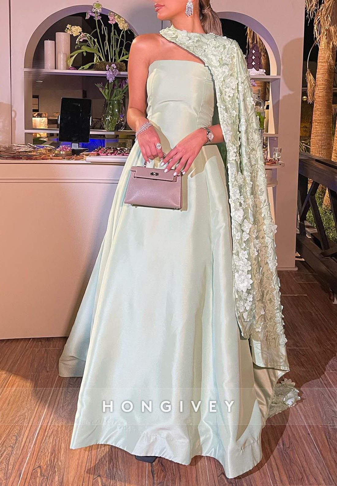 A-line Floor-Length Off the Shoulder Handmade Flowers Cape Evening Gown