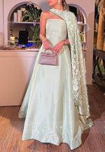 A-line Floor-Length Off the Shoulder Handmade Flowers Cape Evening Gown