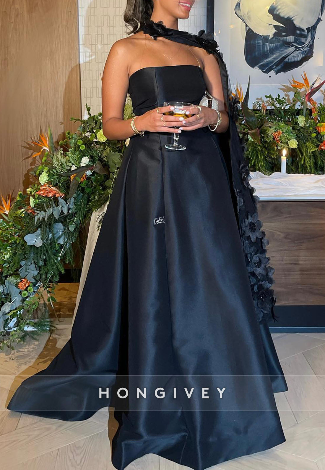 A-line Floor-Length Off the Shoulder Handmade Flowers Cape Evening Gown