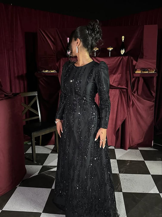 Sequins Sparkle Black Long Sleeve Backless A-Line Evening Dress Foraml