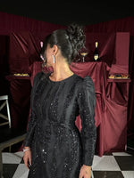 Sequins Sparkle Black Long Sleeve Backless A-Line Evening Dress Foraml