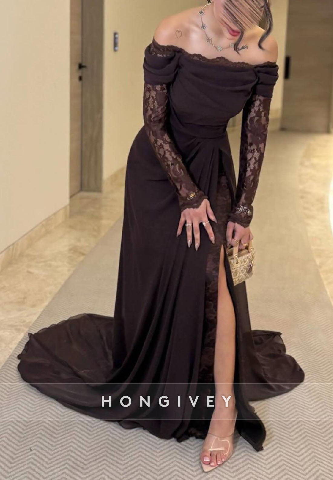 Off the Shoulder Lace Long Sleeves Sweep Train Evening Gowns with Side Slit