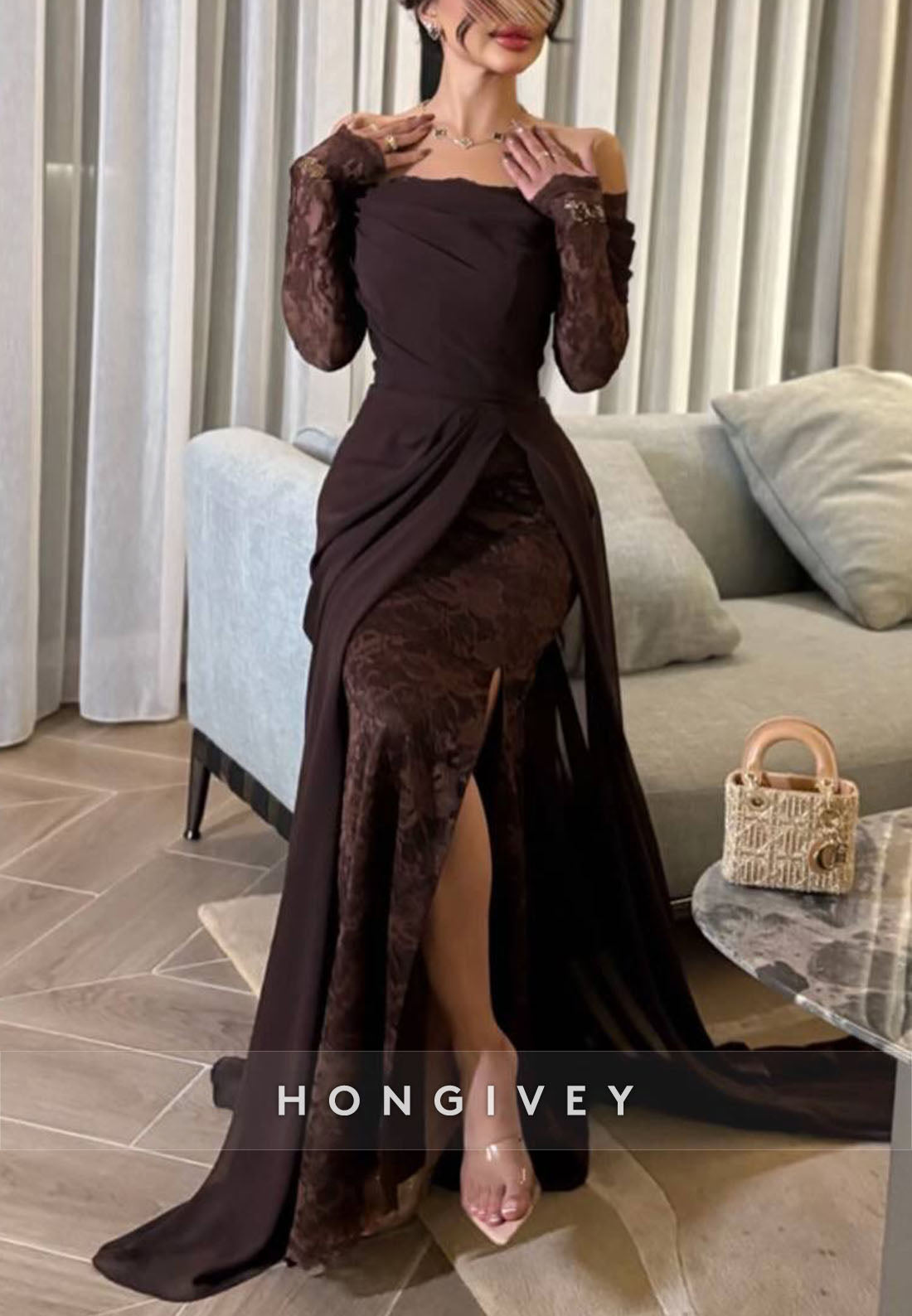 Off the Shoulder Lace Long Sleeves Sweep Train Evening Gowns with Side Slit