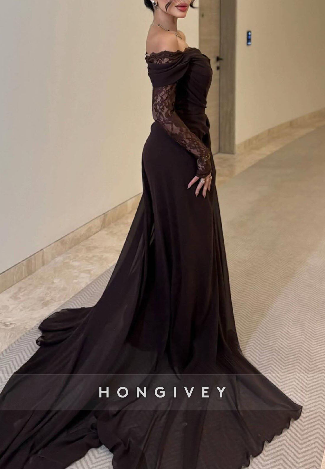 Off the Shoulder Lace Long Sleeves Sweep Train Evening Gowns with Side Slit