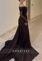 Off the Shoulder Lace Long Sleeves Sweep Train Evening Gowns with Side Slit
