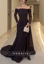 Off the Shoulder Lace Long Sleeves Sweep Train Evening Gowns with Side Slit