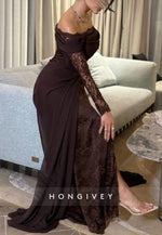 Off the Shoulder Lace Long Sleeves Sweep Train Evening Gowns with Side Slit