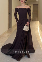 Off the Shoulder Lace Long Sleeves Sweep Train Evening Gowns with Side Slit