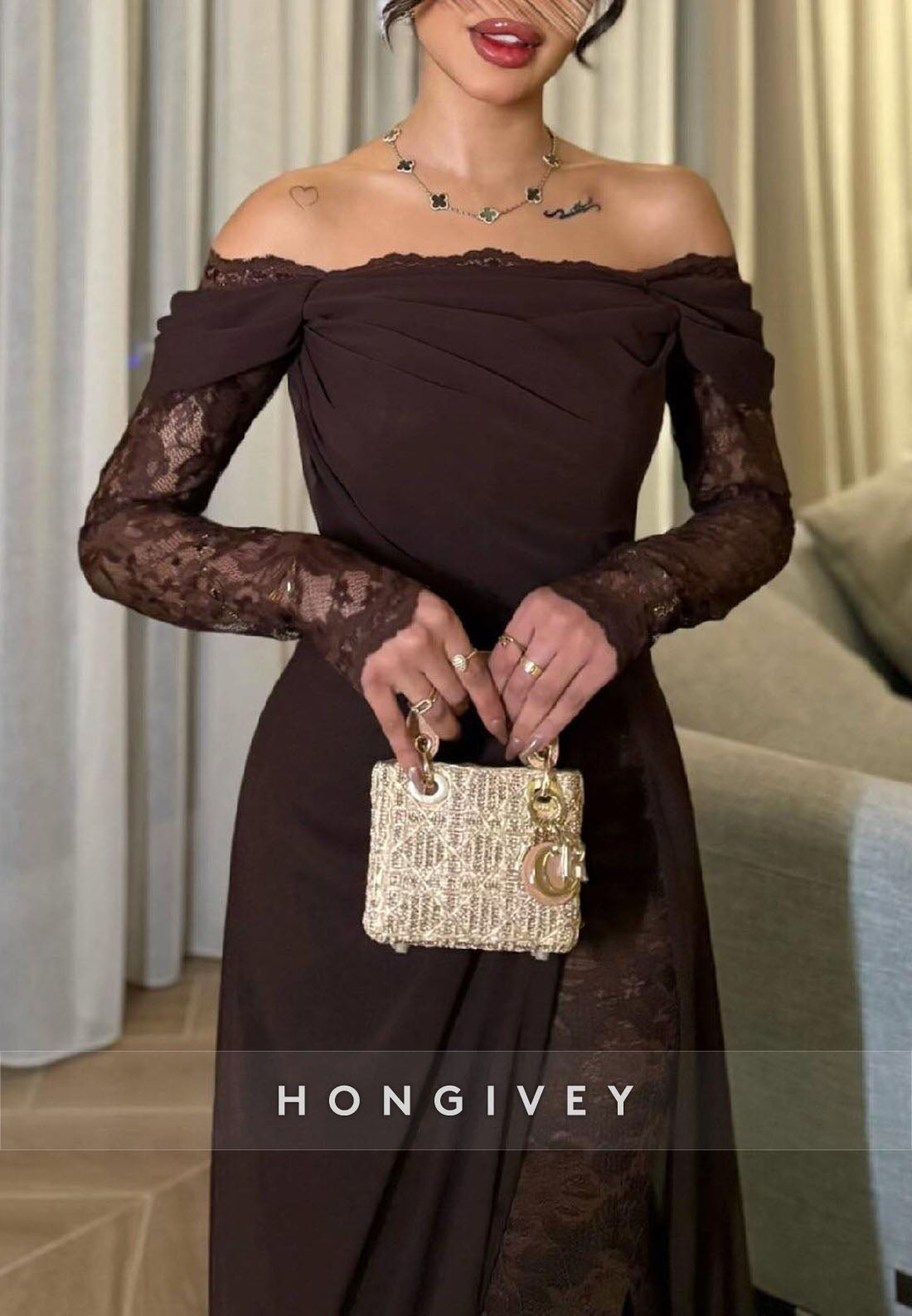 Off the Shoulder Lace Long Sleeves Sweep Train Evening Gowns with Side Slit