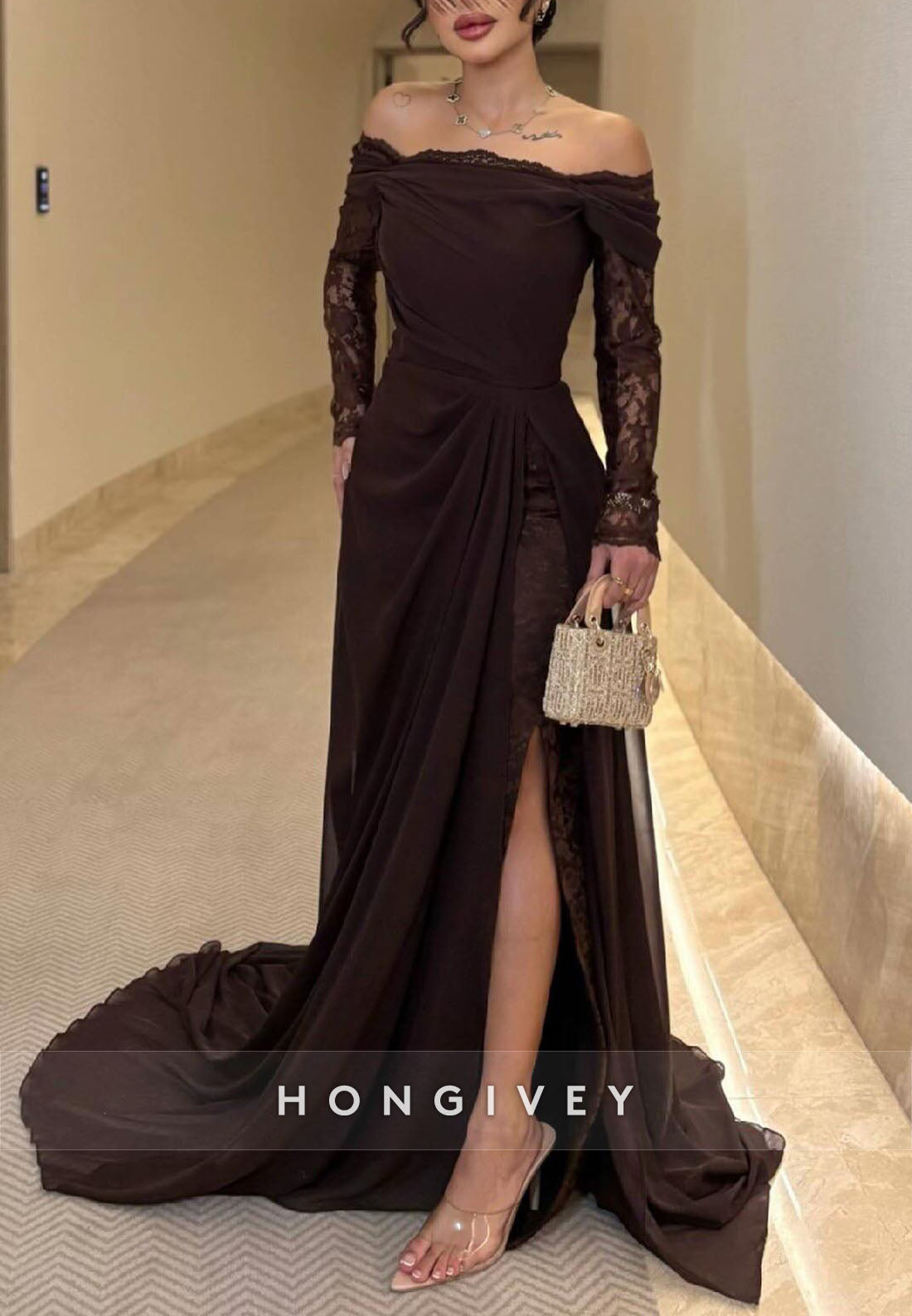 Off the Shoulder Lace Long Sleeves Sweep Train Evening Gowns with Side Slit