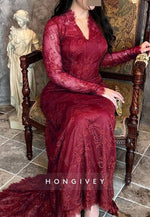 Lace Burgundy Long Sleeves Column V Neck Pleated Evening Gowns