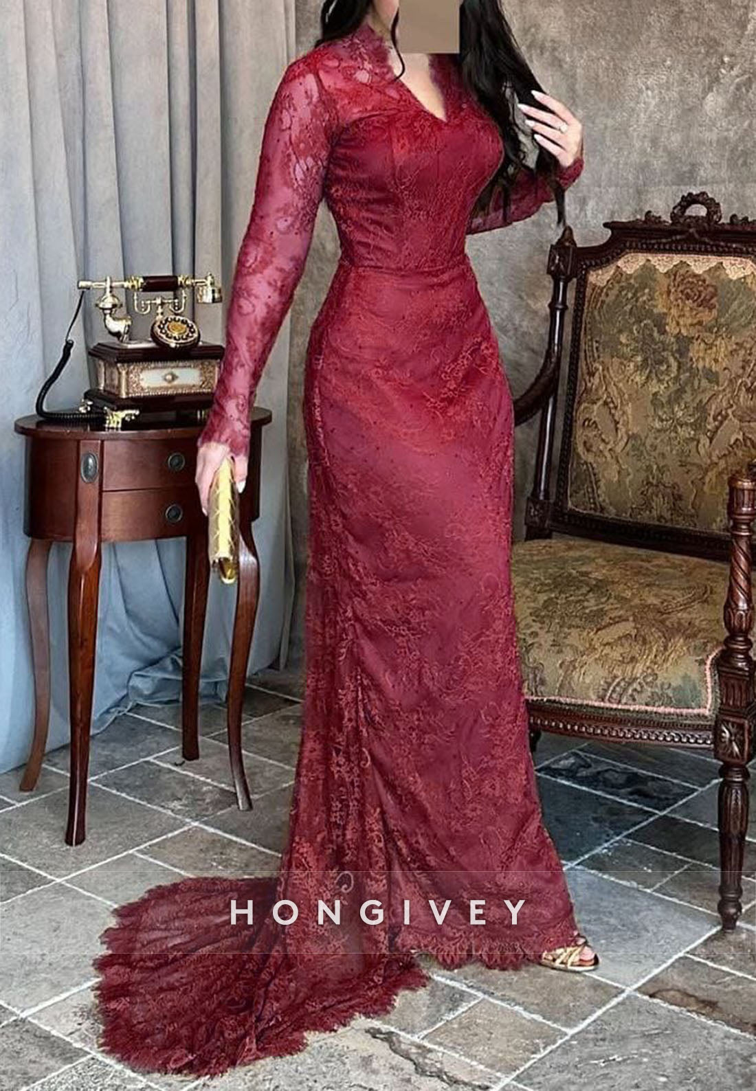 Lace Burgundy Long Sleeves Column V Neck Pleated Evening Gowns