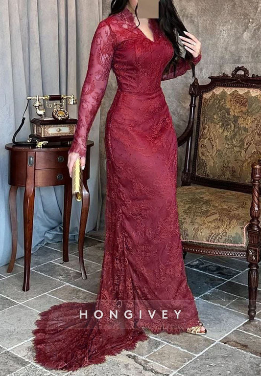 Lace Burgundy Long Sleeves Column V Neck Pleated Evening Gowns