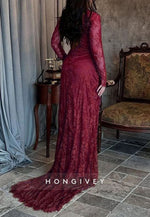 Lace Burgundy Long Sleeves Column V Neck Pleated Evening Gowns