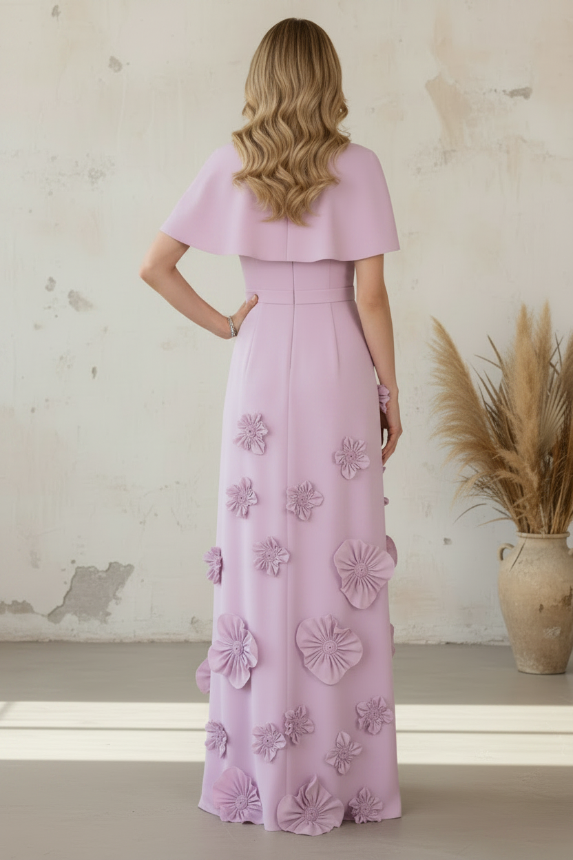 Elegant Crepe Capelet Gown with 3D Floral Embellishments
