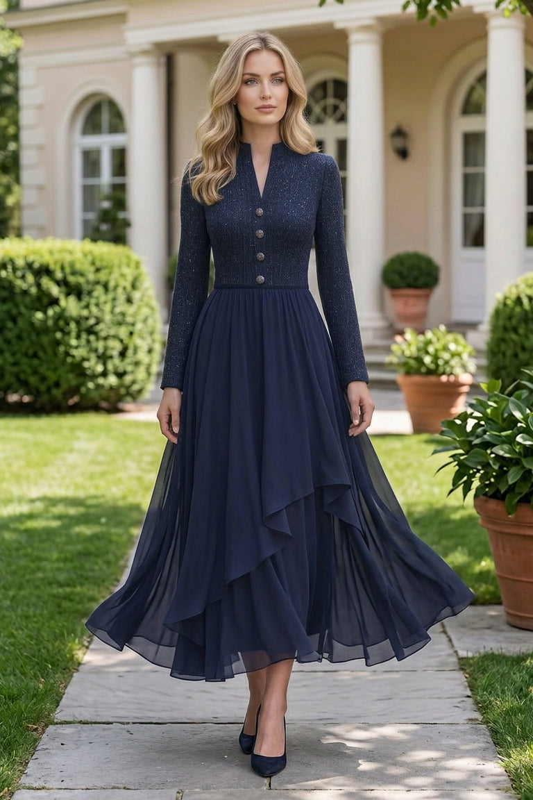 Long Sleeve Tiered Chiffon Maxi Dress