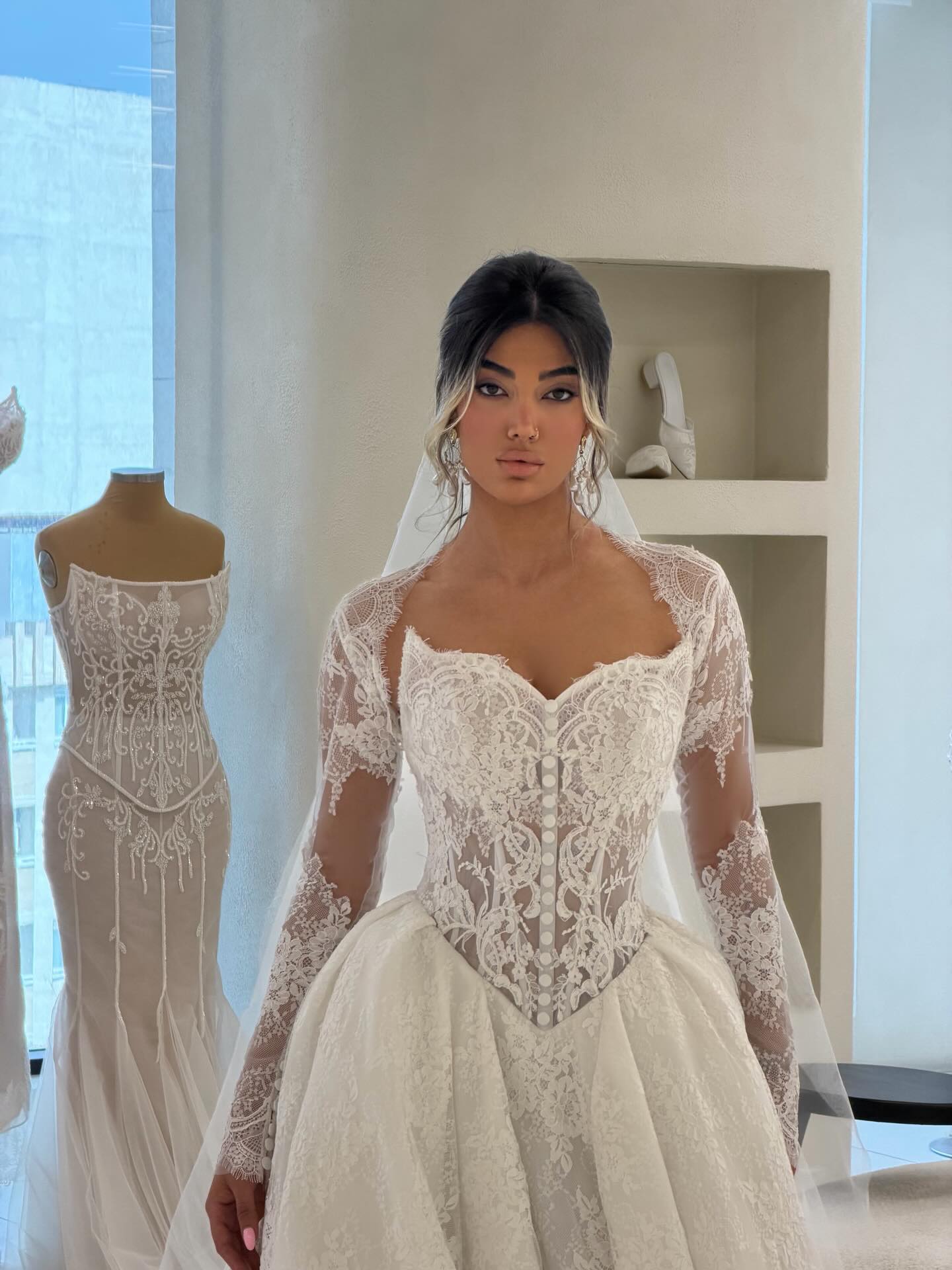 Long Sleeve Lace Corset Ball Gown Wedding Dress