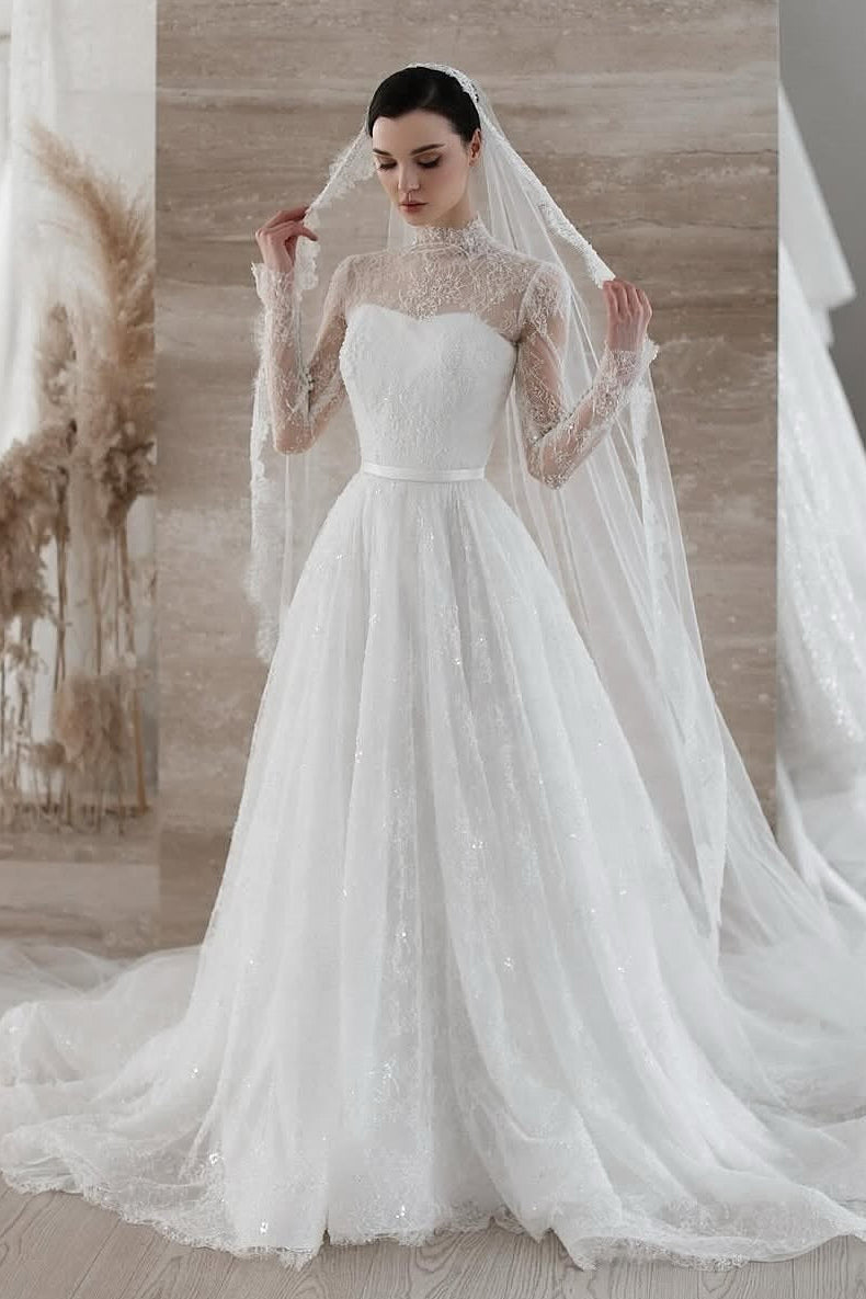 High Neck Lace Long Sleeve Ball Gown Wedding Dress
