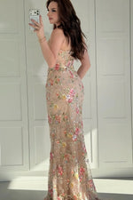 Strapless Floral Embroidered Mermaid Evening Gown