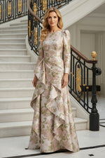Floral Jacquard A-Line Gown with Side Ruffle Drape
