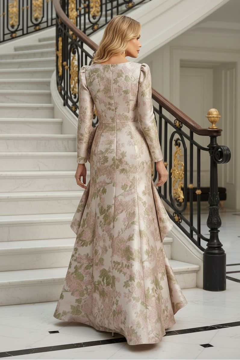 Floral Jacquard A-Line Gown with Side Ruffle Drape