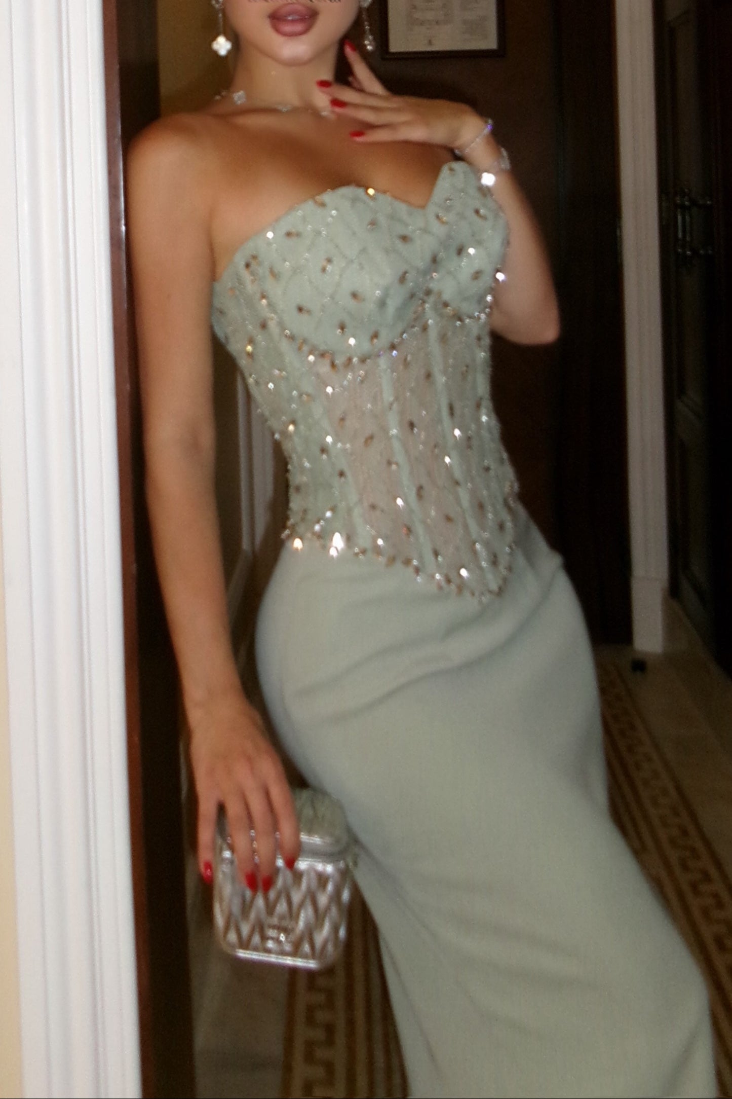 Strapless Beaded Corset Maxi Dress with Back Slit