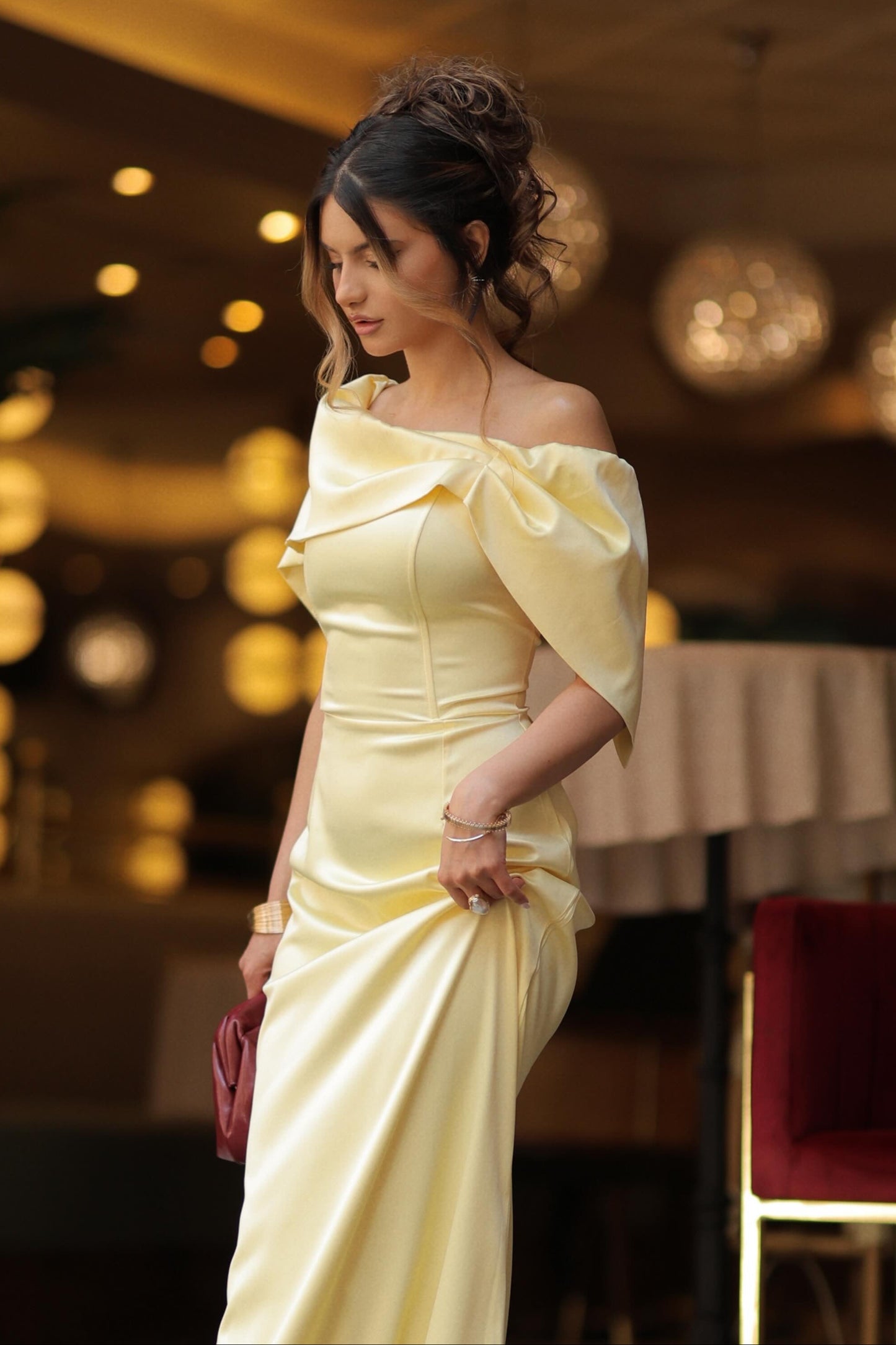 Off-the-Shoulder Satin Column Evening Gown