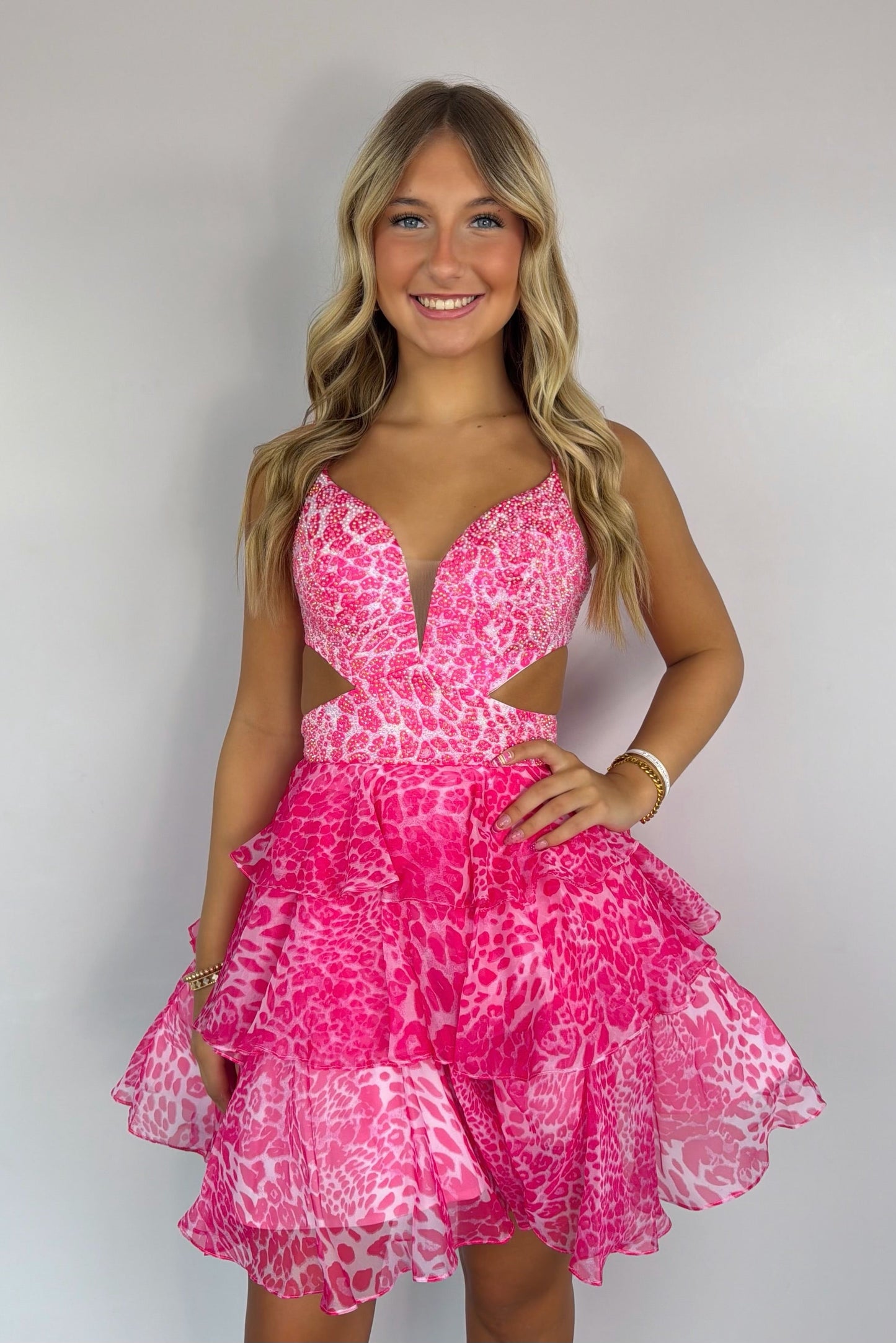 Animal Print Tiered Mini Dress with Cut-Outs