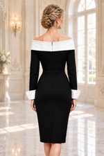 Off-the-Shoulder Pearl Trim Sheath Dress