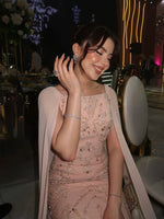Beaded Cape Column Gown with Feather Hem