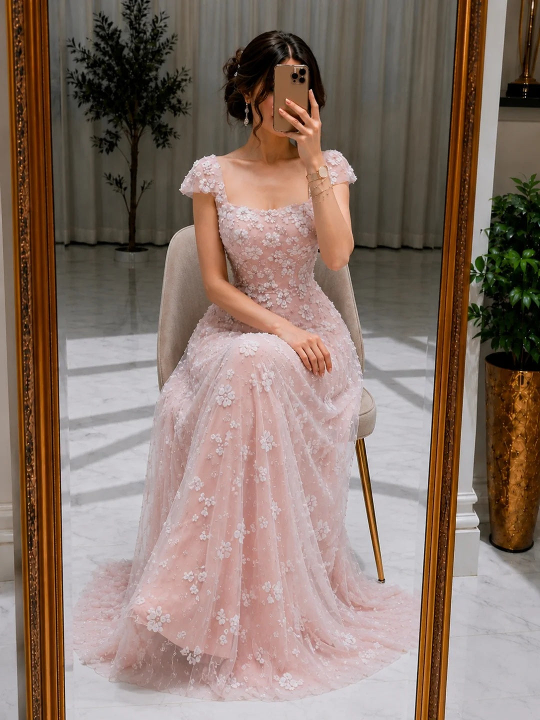 Square Neck 3D Floral Applique A-Line Gown