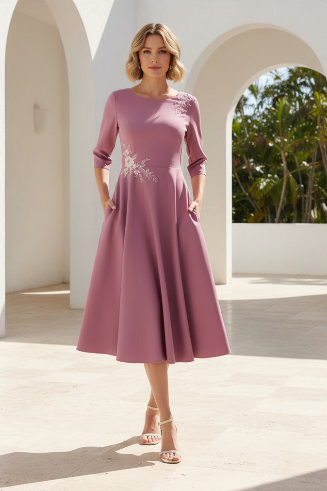 A-Line Midi Dress with 3/4 Sleeves and Pockets