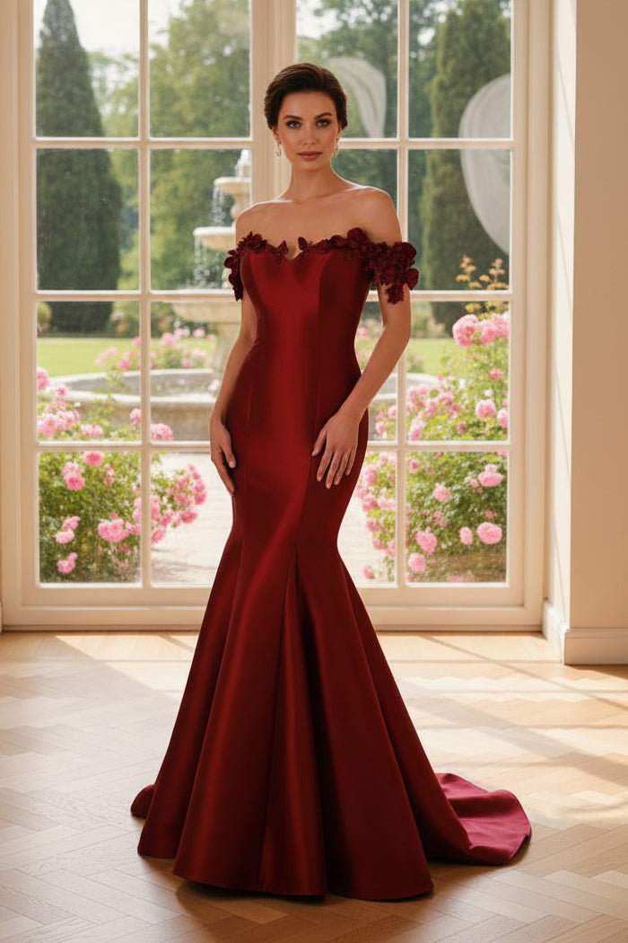 Off-the-Shoulder Floral Applique Mermaid Gown