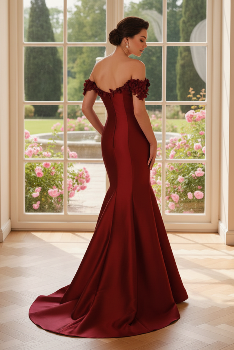 Off-the-Shoulder Floral Applique Mermaid Gown