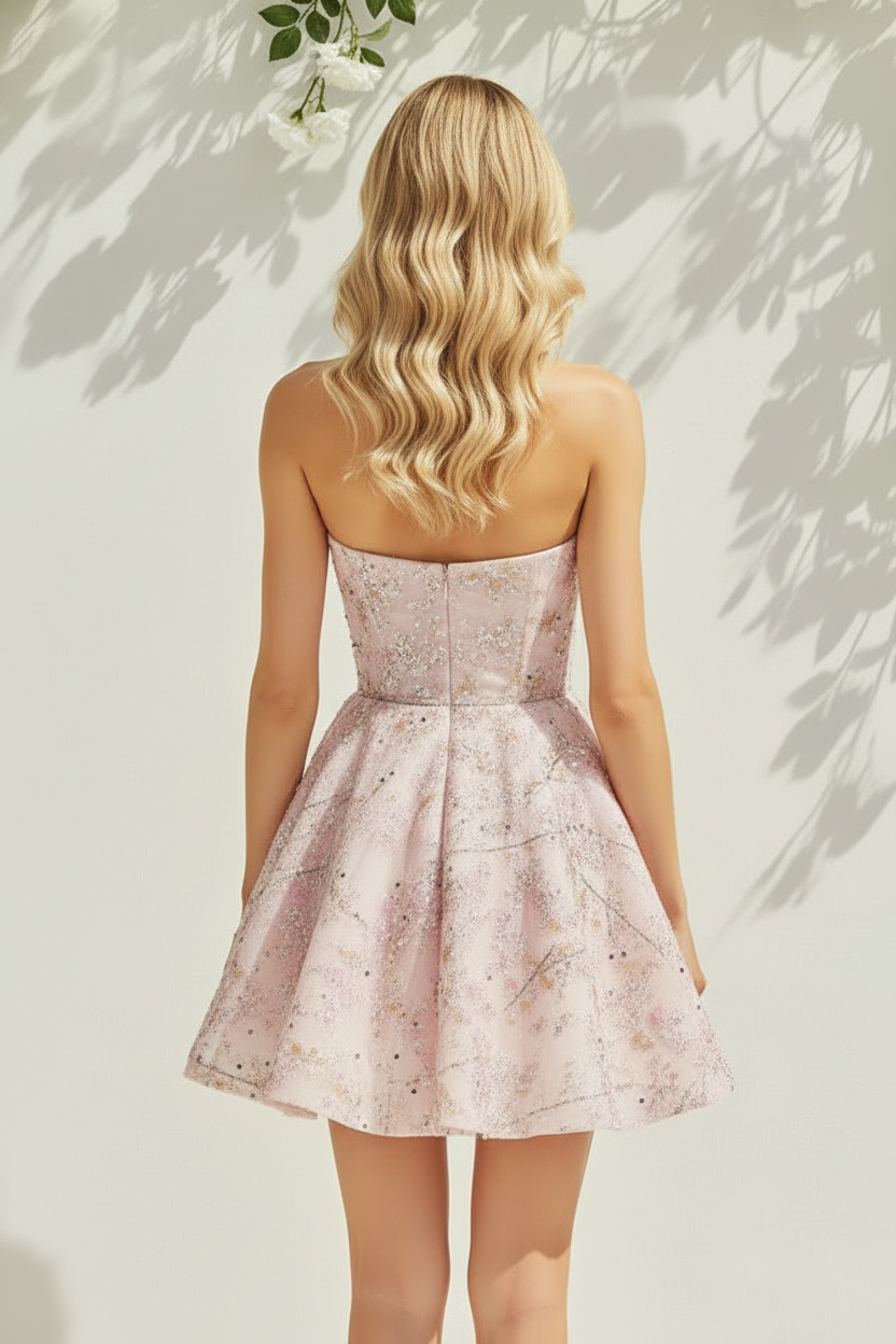 Strapless Floral Embroidered A-Line Mini Dress