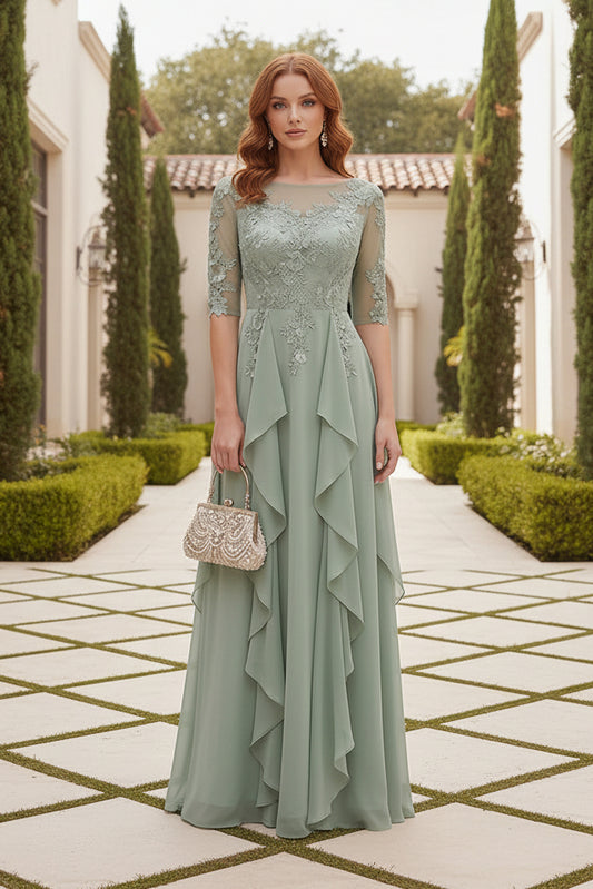 Illusion Lace Sleeve Chiffon A-Line Evening Gown