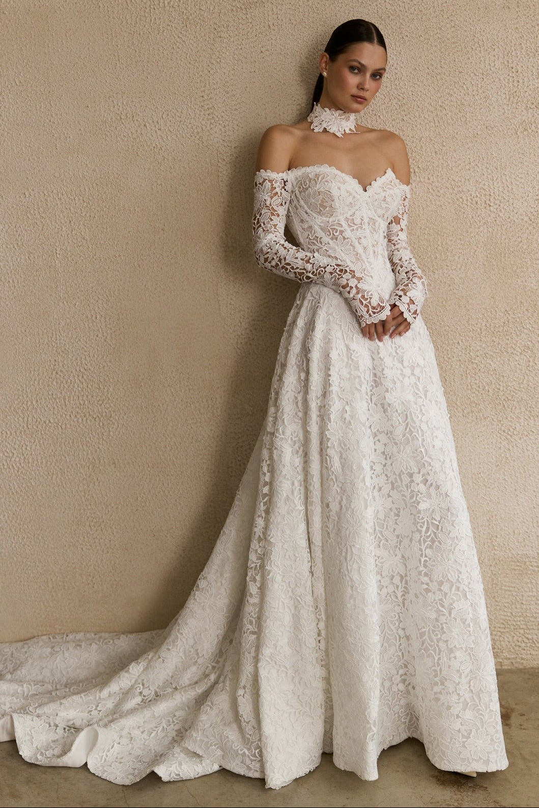 Off-the-Shoulder Lace A-Line Wedding Dress with Corset